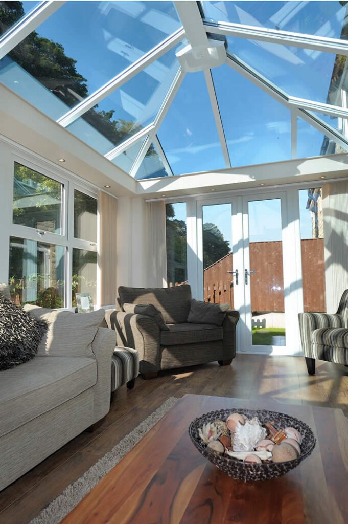 Glass and polycarbonate conservatory from the inside